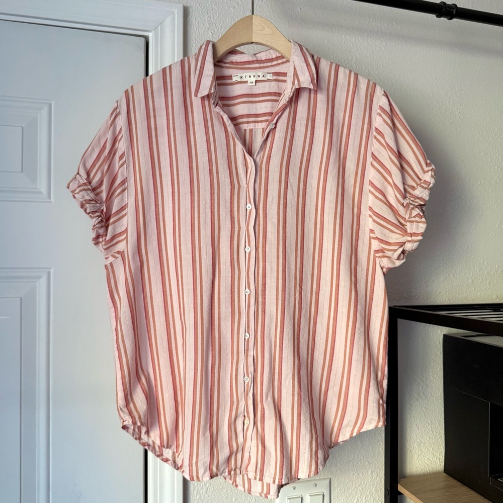 XiRENA peach nude red pink striped lurex cotton button up blouse shirt